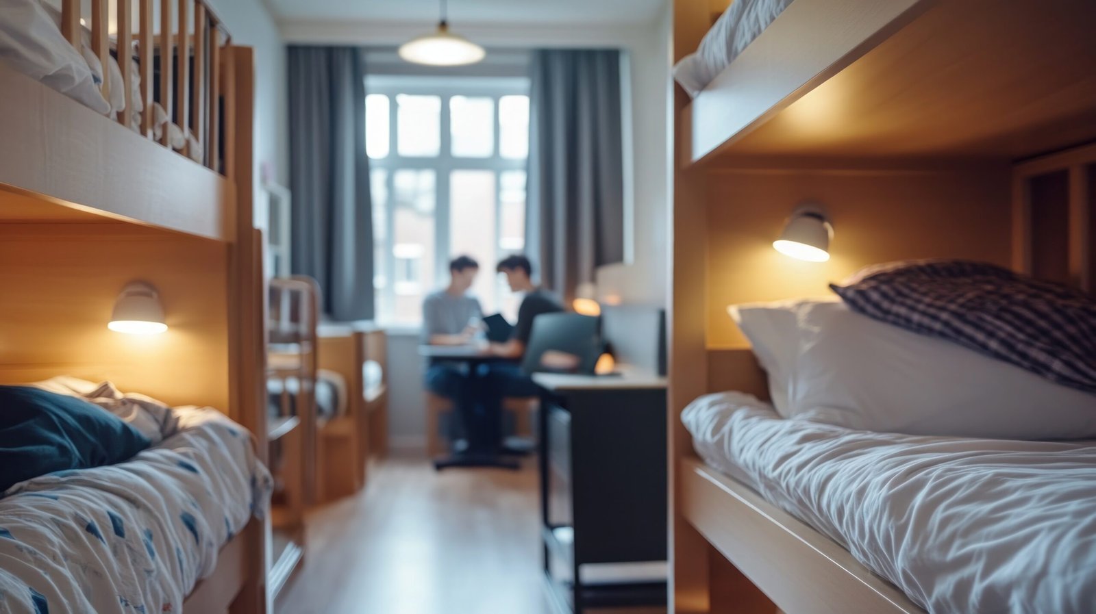 A cozy shared room with bunk beds and two individuals working together at a desk.